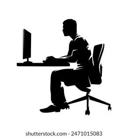 Programming, man sitting at desk and working on computer, isolated vector silhouette, side view