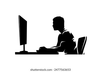 Programming, man sitting at desk and working on computer, isolated vector silhouette, side view