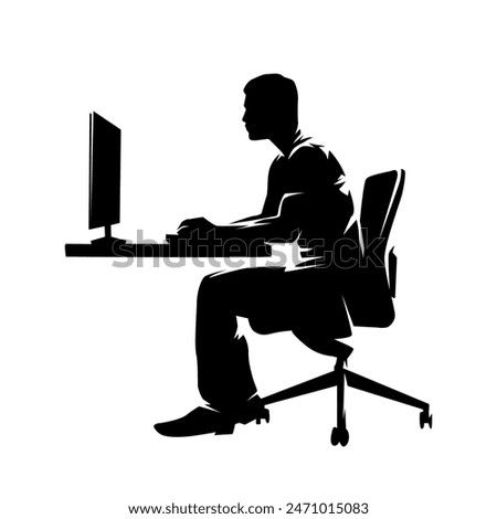 Programming, man sitting at desk and working on computer, isolated vector silhouette, side view