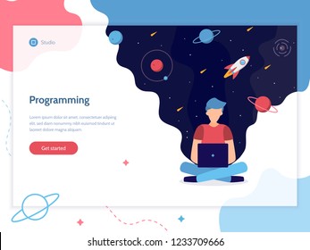 Programming. A man works at a computer from which flows space. Web development. Web banner design template. Flat vector illustration.