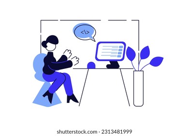 Programming minimalistic concept with people scene in the flat cartoon style. A programmer writes code for applications. Vector illustration.