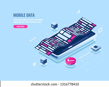 Programming mobile software isometric icon, development application of mobile phone, digital data visualization, abstract illustration for digital technology vector