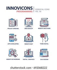 Programming - modern essential vector line design icons set. Project briefing, website sketching, document, app developing, mobile device, think digital, keyword, graphics, ux, ui