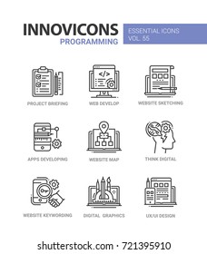 Programming - modern essential vector line design icons set. Project briefing, website sketching, document, app developing, mobile device, think digital, keyword, graphics, ux, ui