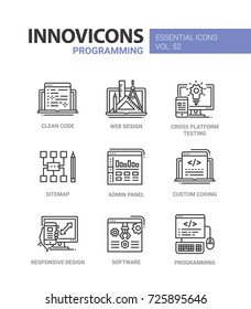 Programming - modern essential vector line design icons set. Clean code, web, responsive design, cross platform testing, mobile device, sitemap, admin, panel, custom coding, software, computer