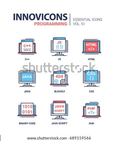 Programming - modern essential vector line design icons set, language, laptop, js, display, html, java, computer, program, error, blockly, css, binary code, script, php, file, document, window