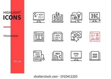 Programming - modern line design style icons set. Coding and website development service idea. Clean code, cross platform testing, sitemap, admin panel, software, blockly, html, binary code images