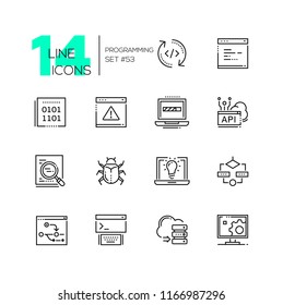 Programming - modern thin line design icons set. Coding, browser page, binary code, laptop battery, search, antivirus, bright idea, cloud computing, server, website map Technology concept
