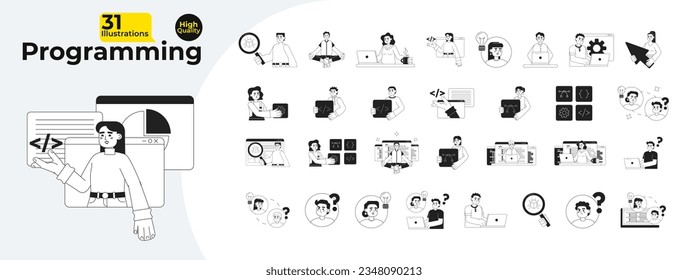 Programming monochrome concept vector spot illustrations bundle. Busy freelancer working on laptop 2D flat bw cartoon characters for web UI design. Isolated editable hand drawn hero image collection