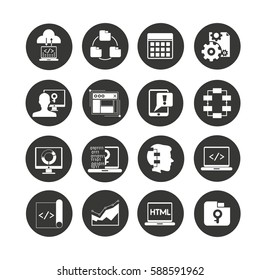 programming and network icon set in circle buttons