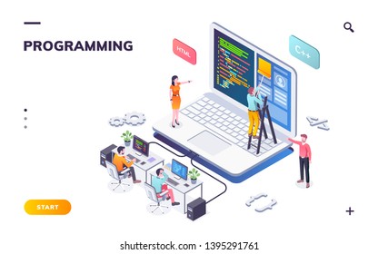 Programming office with developers and notebook. Coders or programmers writing program. Landing page for web IT courses with HTML and C++. Code team engineering computer software.