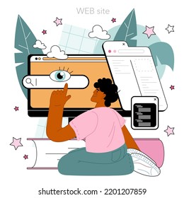 Programming online service or platform. Coding, testing and writing program and application . Website development and optimization. Website. Flat vector illustration