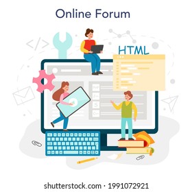 Programming online service or platform. IT education, student writing a software. Digital technology development. Online forum. Vector flat illustration.