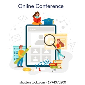 Programming online service or platform. IT education, student writing a software. Digital technology development. Online conference. Vector flat illustration.