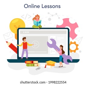 Programming online service or platform. IT education, student writing a software. Digital technology development. Online lessons. Vector flat illustration.