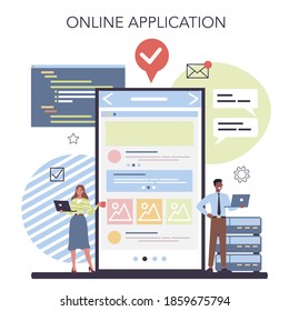 Programming online service or platform. Idea of working on the computer, coding, testing and writing program. Online application. Isolated vector illustration