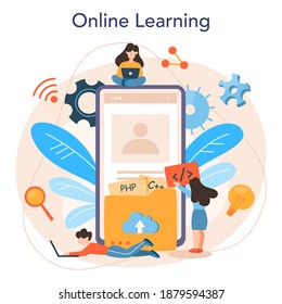 Programming online service or platform. Idea of working on the computer, coding, testing and writing program. Online learning. Isolated vector illustration