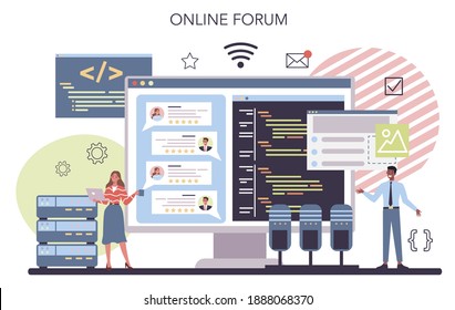 Programming online service or platform. Idea of working on the computer, coding, testing and writing program. Online forum. Isolated vector illustration