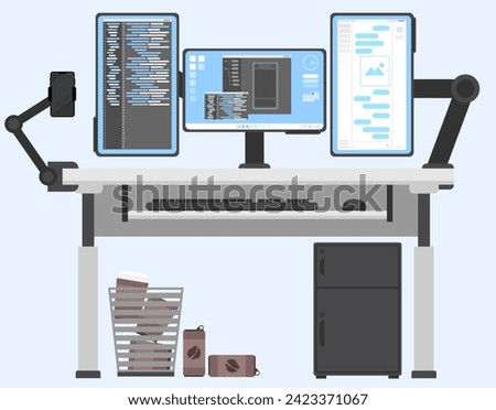 Programming operations with three monitor on worktable, Front view of triple monitor desk, Coding and app development in screen monitor. 