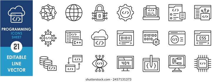 Programming outline icons set. Vector line icons related to programming, web development, coding, software, internet and so on.