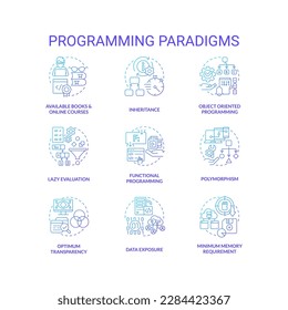 Programming paradigms blue gradient concept icons set. Coding styles idea thin line color illustrations. Advantages and disadvantages. Isolated symbols. Roboto-Medium, Myriad Pro-Bold fonts used