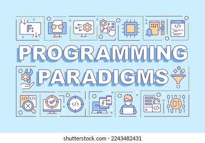 Programmierparadigmen Wort Konzepte blauen Banner. Programmcode. Infografiken mit bearbeitbaren Symbolen auf Farbhintergrund. Alleinstehende Typografie. Vektorgrafik mit Text. Arial-Black-Schriftart verwendet