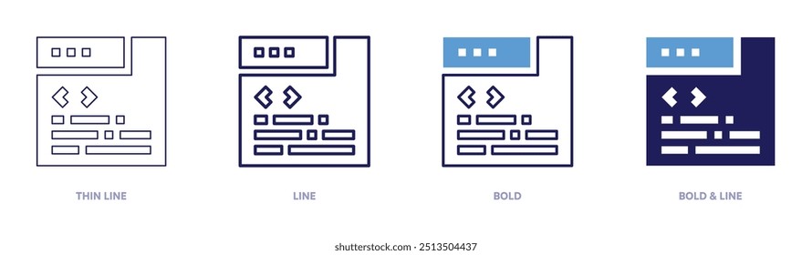 Ícone de prática de programação em 4 estilos diferentes. Linha fina, Linha, Negrito e Linha Negrito. Estilo duotônico. Traçado editável.