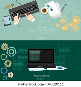 Programming process man writing programming code and data processing on computer binary code on a monitor banners 