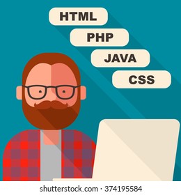 ?oncept of the programming process. Programmer at work. Programming languages. Vector illustration of a flat design