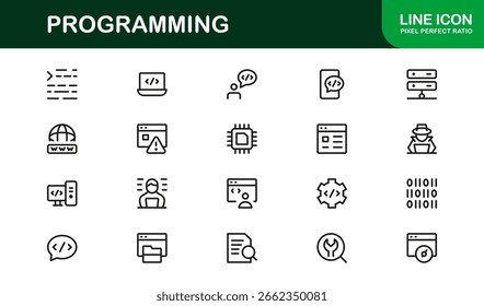 Programando profissional moderno conjunto de ícones de linha com design de vetor exclusivo mínimo para projetos de tecnologia digital e codificação