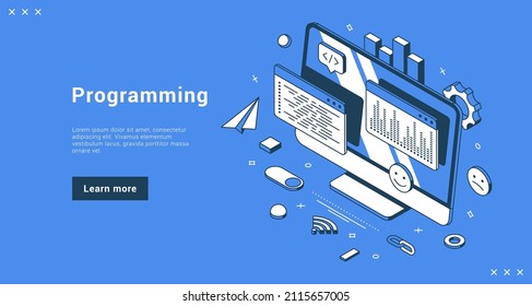 Programming Professional Service Website Software Development With Computer Monitor Workflow Internet Banner Landing Page Isometric Vector Illustration. Coding Web Digital Optimization User Interface