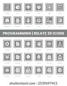 Icono de conjunto relacionado con programación, Bloque de código, Llamada de función, Diseño de algoritmos, Corchetes de código, Compilador, Depuración, Código fuente, Script de programación, Programación orientada a objetos, Ejecución de código, Programación