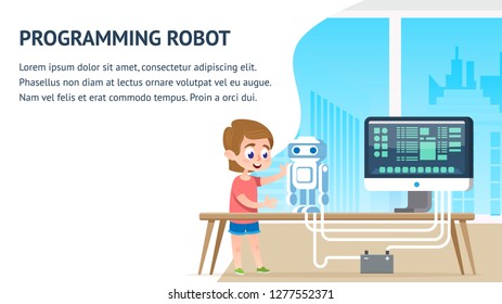 Programming Robot Early Education. Cartoon Boy at Classroom Desk with Computer Styding Robotics Electronic Digital Machine Code. Innovation Research Course Program. Tech Class landing.