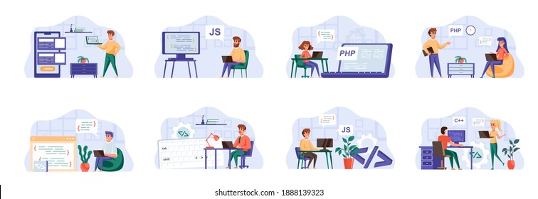 Programming scenes bundle with people characters. Frontend and backend developers team working in office, web design and software engineering situations. Programs development flat vector illustration