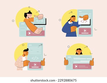 Programming set concept with people scene in the flat cartoon style. Program workers write a programming code using HTML and JAVA. Vector illustration.