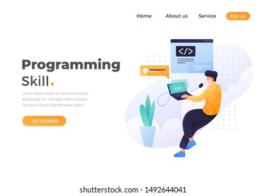 Programming skill concept, web engineer at work, vector images. programming Unique Illustration web site landing page template. vector design.
