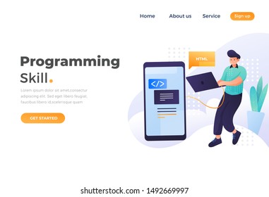 Programming skill concept, web engineer at work, vector images. programming Unique Illustration web site landing page template. vector design.