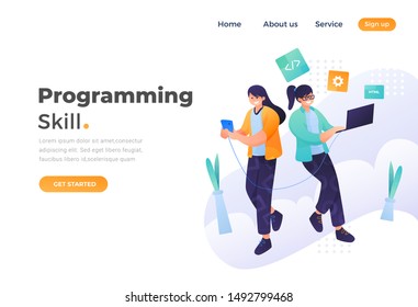 Programming skill concept, web engineer at work, vector images. programming Unique Illustration web site landing page template. vector design.