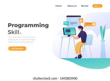 Programming skill concept, web engineer at work, vector images. programming Unique Illustration web site landing page template. vector design.