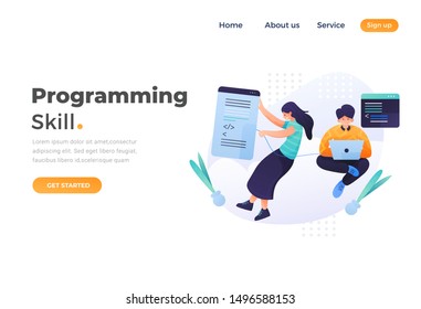 Programming skill concept, web engineer at work, vector images. programming Unique Illustration web site landing page template. vector design.
