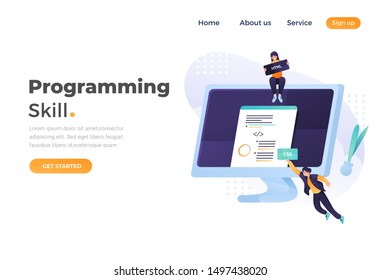 Programming skill concept, web engineer at work, vector images. programming Unique Illustration web site landing page template. vector design.