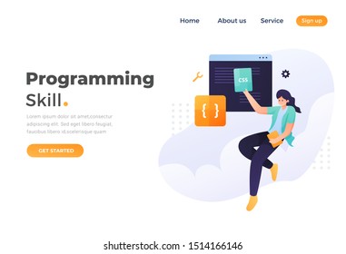 Programming skill concept, web engineer at work, vector images. programming Unique Illustration web site landing page template. vector design.