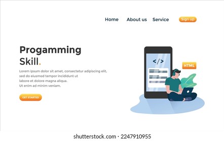 Programming skill concept, web engineer at work, vector images. programming Unique Illustration web site landing page template. vector design.