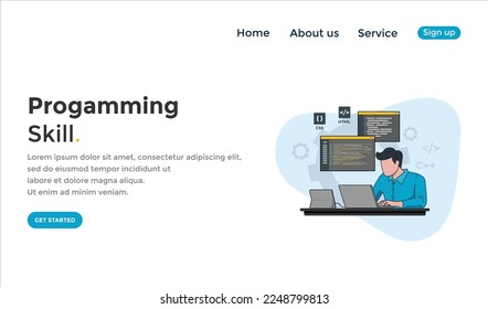 Programming skill concept, web engineer at work, vector images. programming Unique Illustration web site landing page template. vector design.
