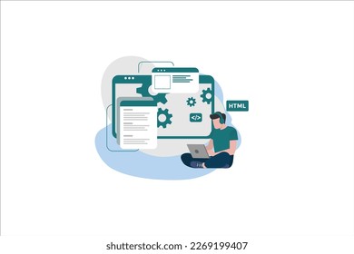 Programming skill concept, web engineer at work, vector images. programming Unique Illustration web site landing page template. vector design.