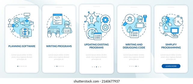 Programming skills blue onboarding mobile app screen. Program developing walkthrough 5 steps graphic instructions pages with linear concepts. UI, UX, GUI template. Myriad Pro-Bold, Regular fonts used