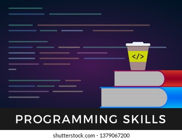 Programming skills - code learning or coding learn flat design concept. Program source development code in background. And books for programmer training and a cup of coffee