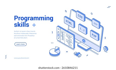 Programming skills computer software development isometric web banner monochrome vector illustration. Code program database desktop engineering website script system digital technology