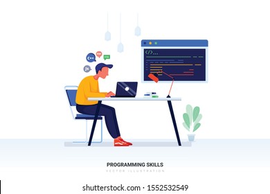 Programming skills concept with character. Can use for web banner, infographics, hero images. Flat vector illustration isolated on white background.