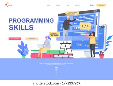 Programming skills flat landing page template. Developers designing and constructing internet application situation. Web page with people characters. Software development vector illustration.